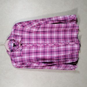 02580 Talbots pink, blue, and aqua plaid brushed cotton button up shirt L